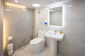 Douche, sèche-cheveux, shampoing