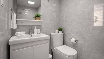 Douche, sèche-cheveux, serviettes fournies, shampoing