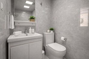 Douche, sèche-cheveux, serviettes fournies, shampoing