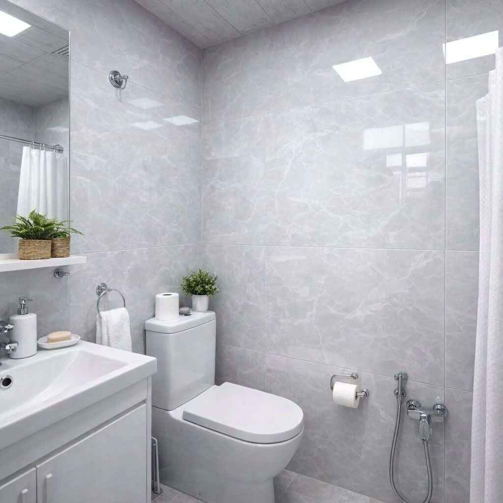 A modern bathroom with a toilet, sink, and shower.