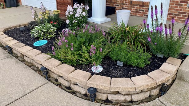 A landscaped garden bed with various plants and a white garage door in the background.