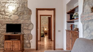 Un muro de piedra, un televisor, armarios de madera, un sofá y un pasillo que conduce a otra habitación.