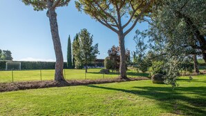 A grassy field with trees, a fence, and a building with a roof in the background. - Pet friendly apartment in Roccastrada with WiFi (Roccastrada)