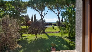 Vista da janela de um jardim com gramado, árvores e uma pérgula com cadeiras.