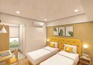 Quarto duplo luxo, vista para a cidade | Cofres nos quartos, escrivaninha, espaço de trabalho para notebook