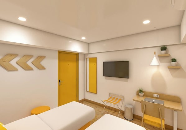 Un dormitorio moderno con cama, escritorio, silla, televisor y una planta pequeña.