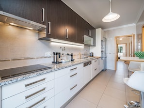Eine moderne Küche mit dunklen Holzschränken, Edelstahlgeräten und einer Arbeitsplatte aus Granit.