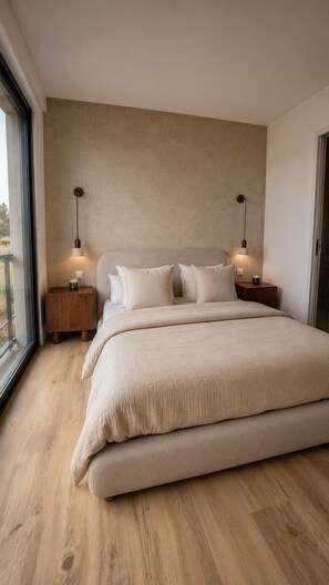 A bedroom with a large bed, two bedside tables, a wall-mounted lamp, and a window. - Exceptional Seafront Apartment • 180° Sea View • Walk to Beach • D-Day Beaches (Colleville-Montgomery)
