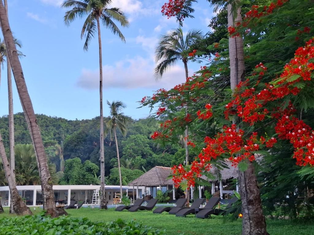 A resort with palm trees, a pool area with lounge chairs, and a thatched-roof building.