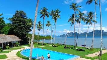 A pool area with palm trees, a thatched-roof structure, and a view of the sea.