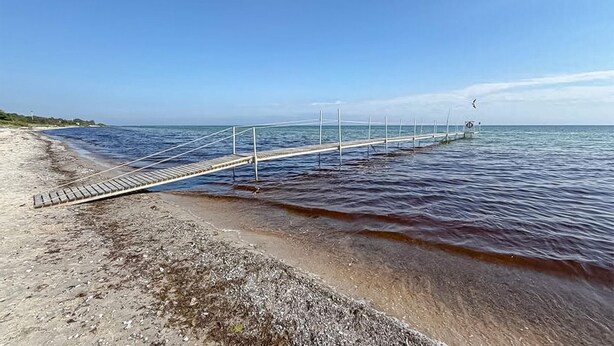 Una spiaggia con una passerella di legno che si protende nell'acqua.