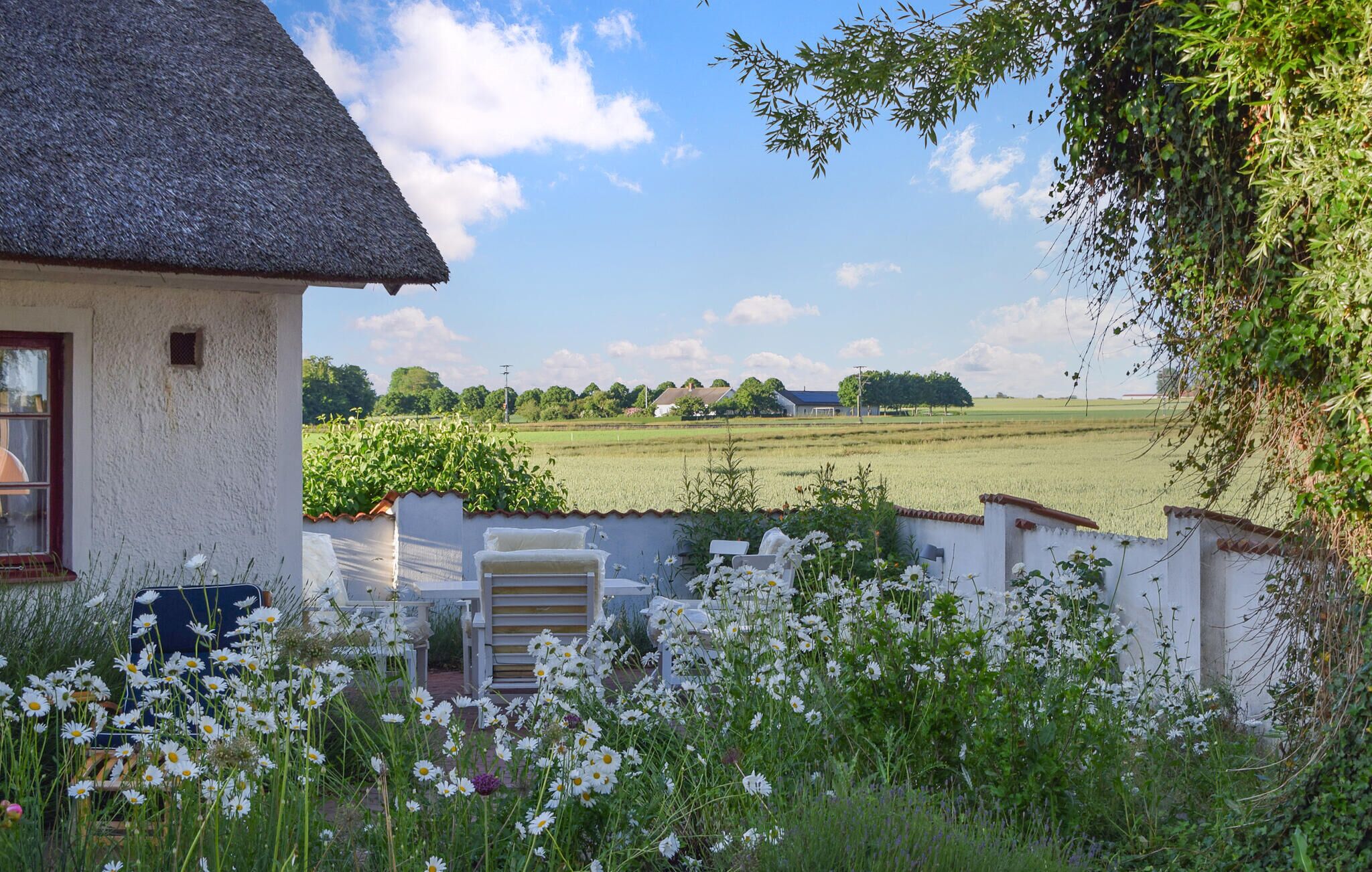 Ein reetgedecktes Häuschen mit Blick auf ein grünes Feld und entfernte Häuser.