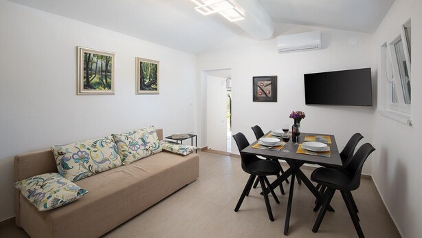 A modern living room with a sofa, dining table, chairs, and artwork on the walls. - Villa with private pool, summer kitchen (Šišan)