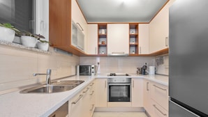 A modern kitchen with stainless steel appliances, a built-in oven, and a microwave. - Pool Villa Marija (Unesic)