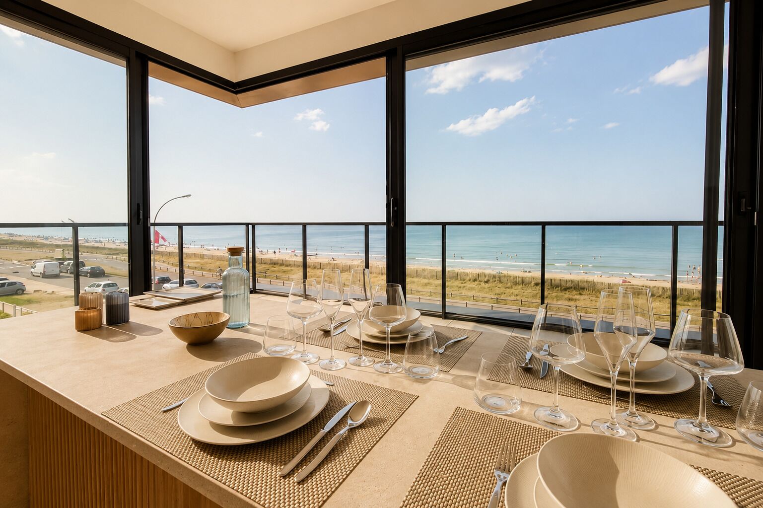 A dining area with a view of the beach, featuring a table set with plates, glasses, and cutlery.