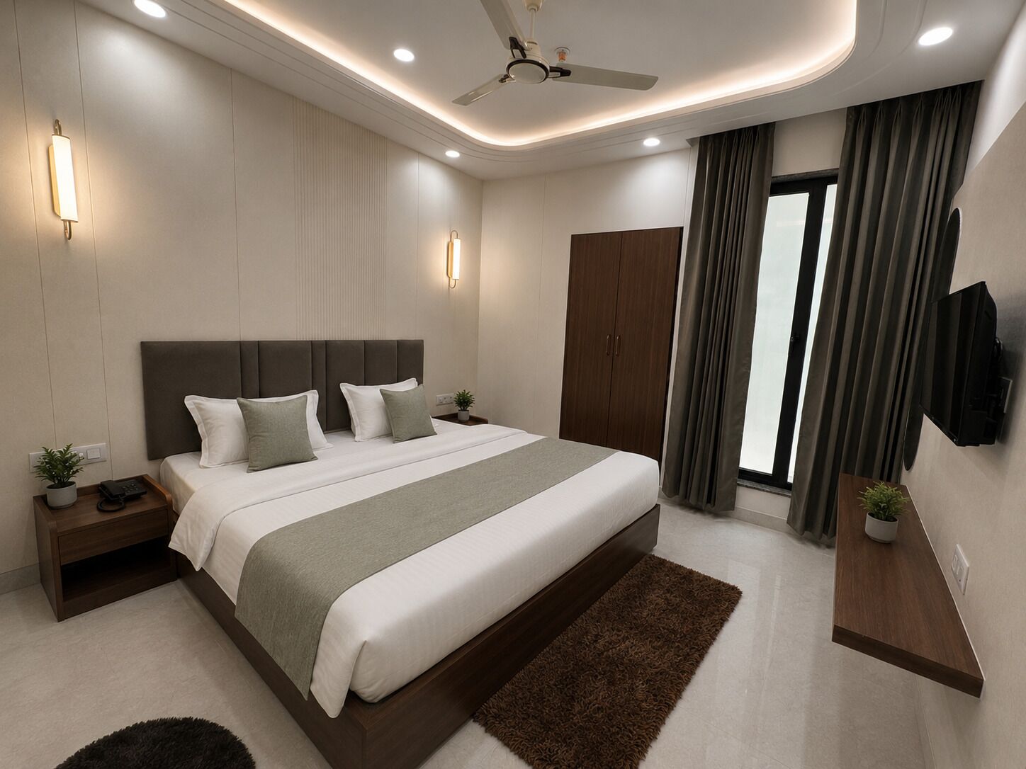 A modern hotel room with a large bed, bedside tables, a ceiling fan, and a TV mounted on the wall.