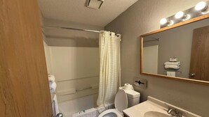 A bathroom with a shower, toilet, sink, and a mirror with lights.