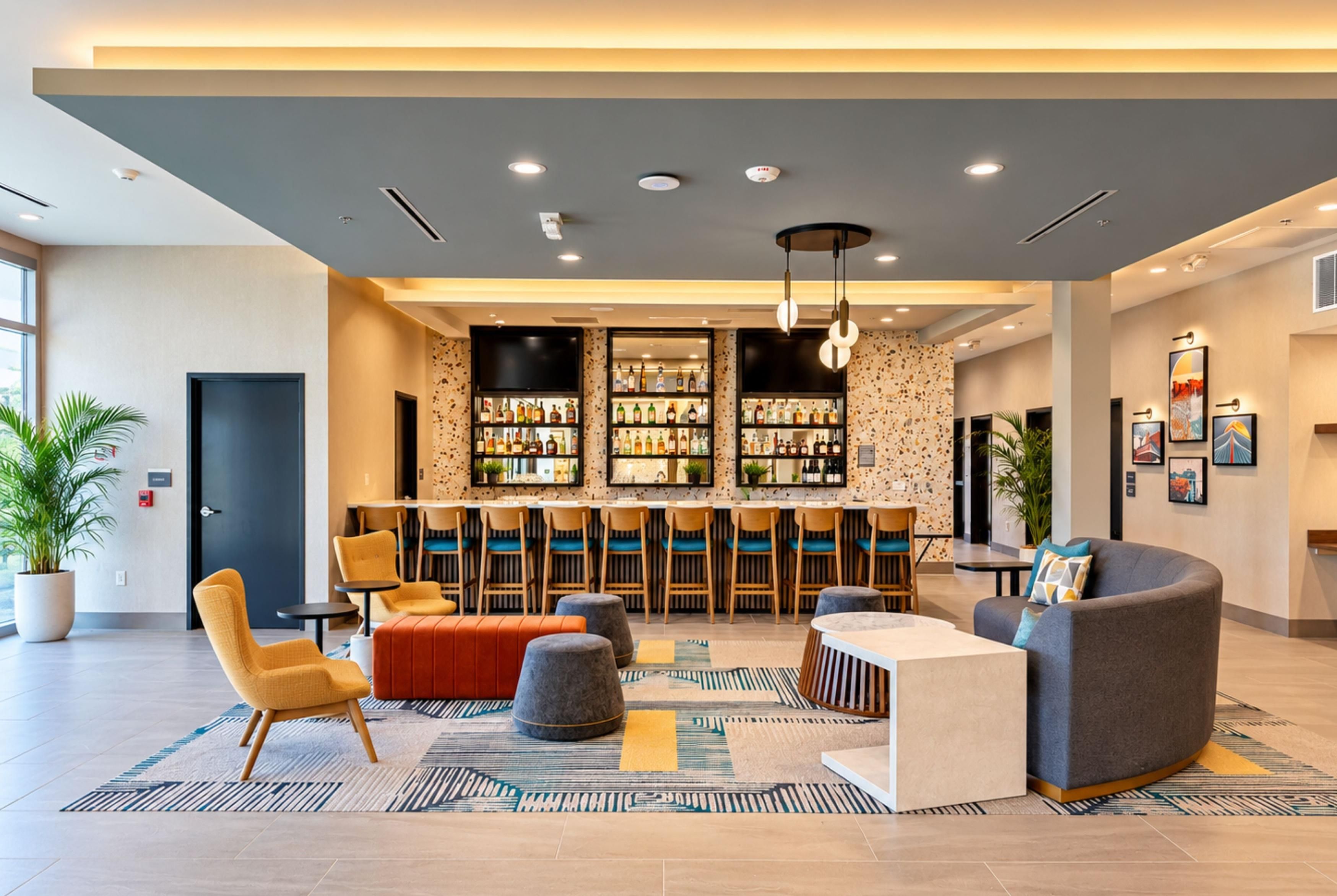 Een moderne lobby met een bar, zitplaatsen en kunstwerken aan de muren.