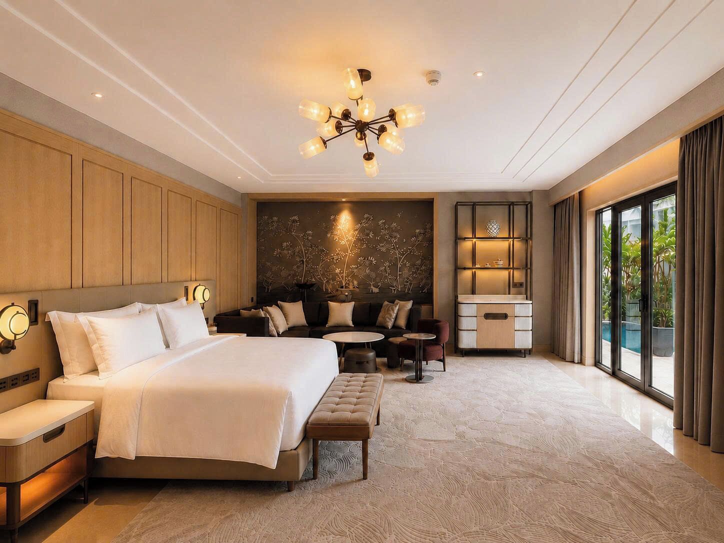 Habitación de hotel moderna con una cama grande, zona de estar y vistas a zonas verdes.