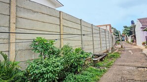 A residential street with a concrete wall, a narrow dirt path, and greenery.