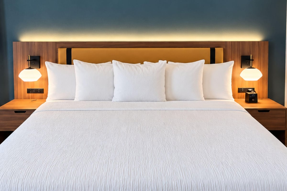 A hotel room with a large bed, two bedside tables, and wall-mounted lamps.