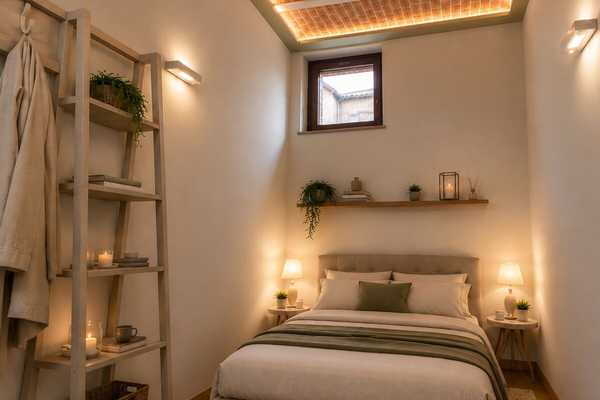 A bedroom with a bed, bedside tables, a shelf with plants, a window, and a ceiling light fixture.