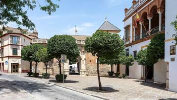 Un edificio histórico con tejado de tejas, paredes de piedra y una bandera.