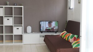 En stue med fjernsyn, sofa, bogreol og et vindue.