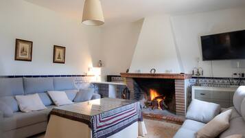 Una televisión, una chimenea