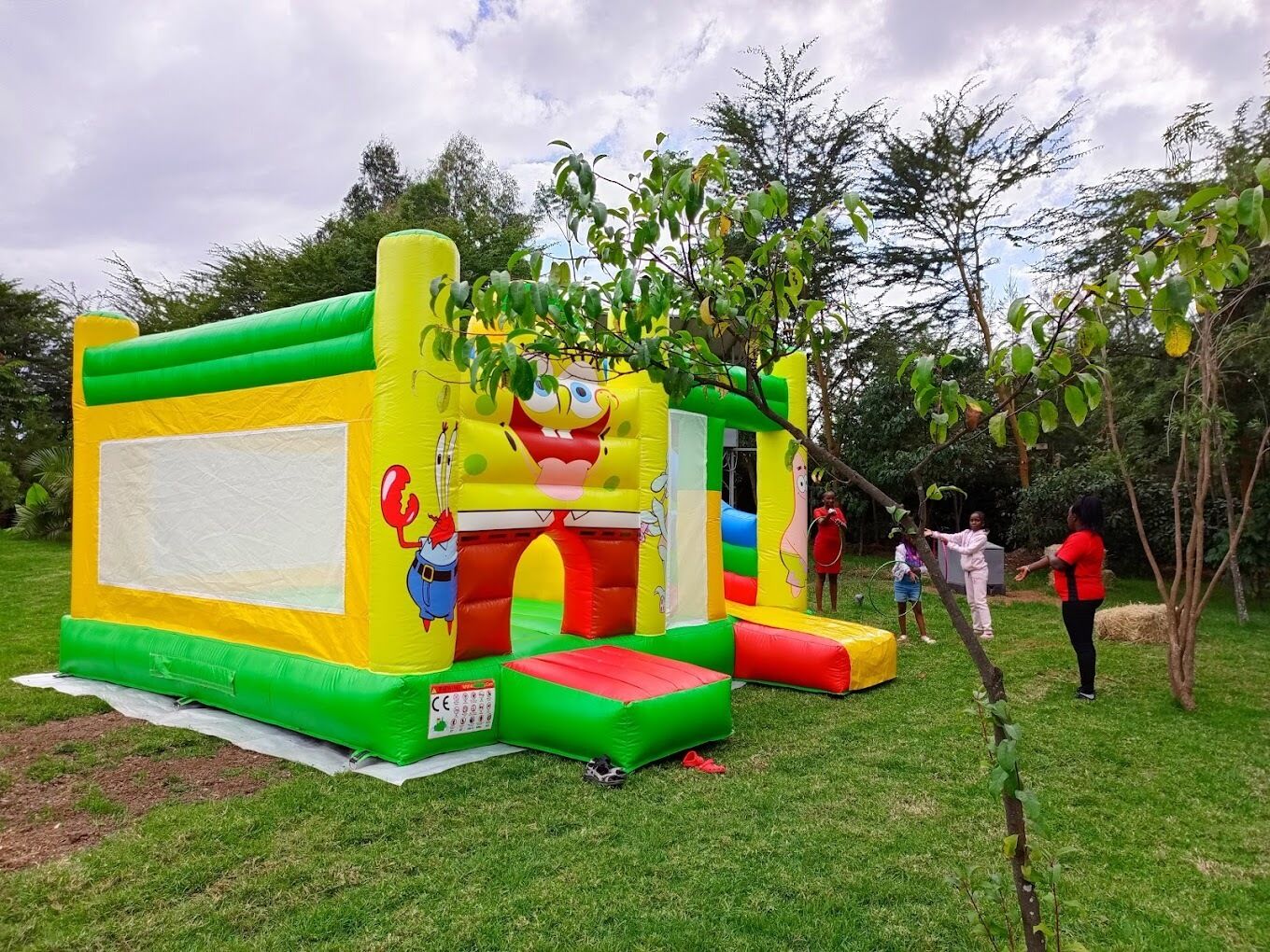 A colorful inflatable play structure with cartoon characters, surrounded by grass and trees.