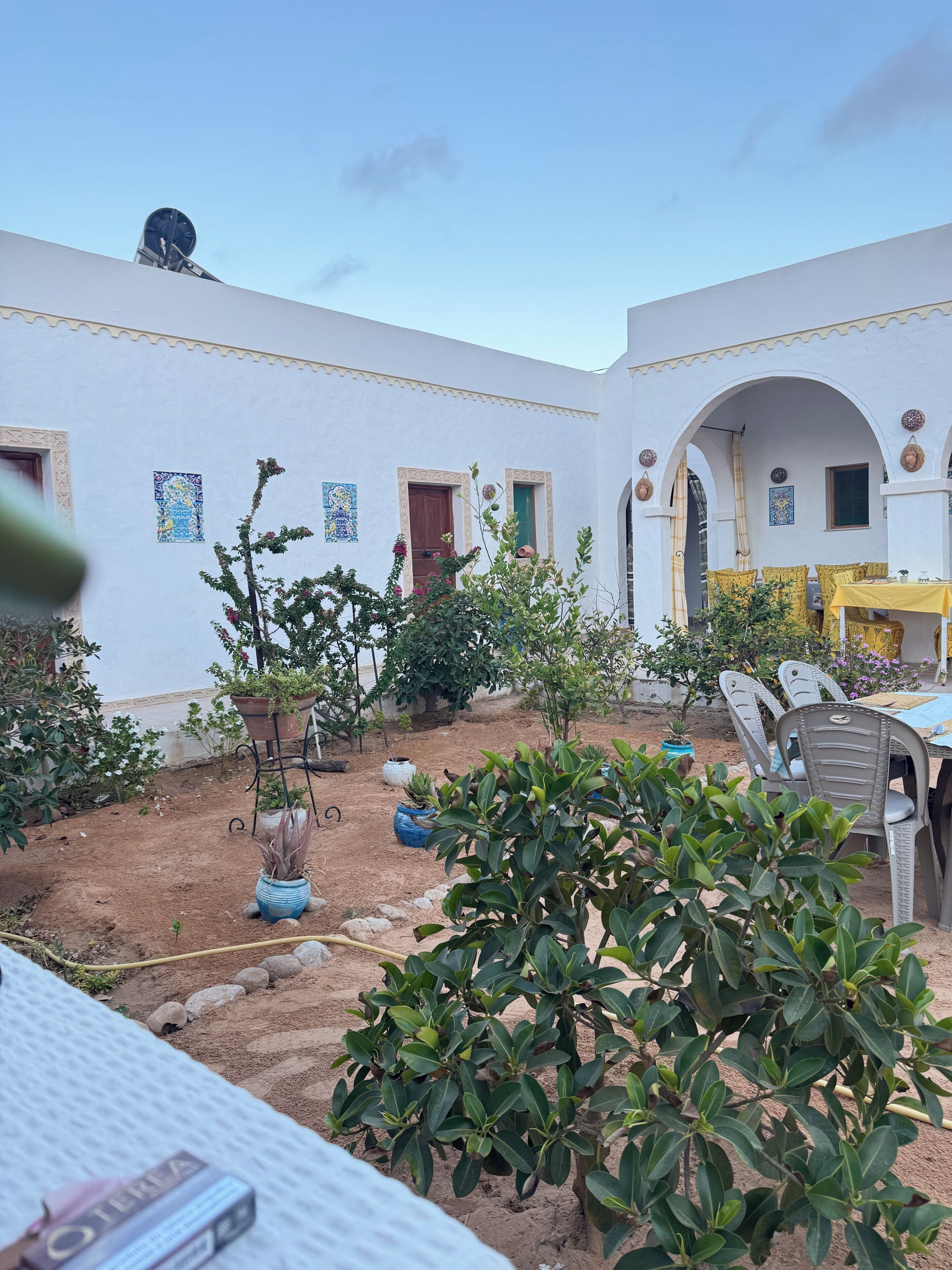 A courtyard with a dining area, potted plants, and a white building with arches.