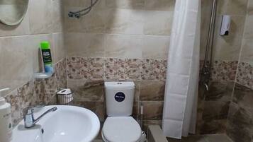 Un baño con lavamanos, inodoro y zona de ducha.