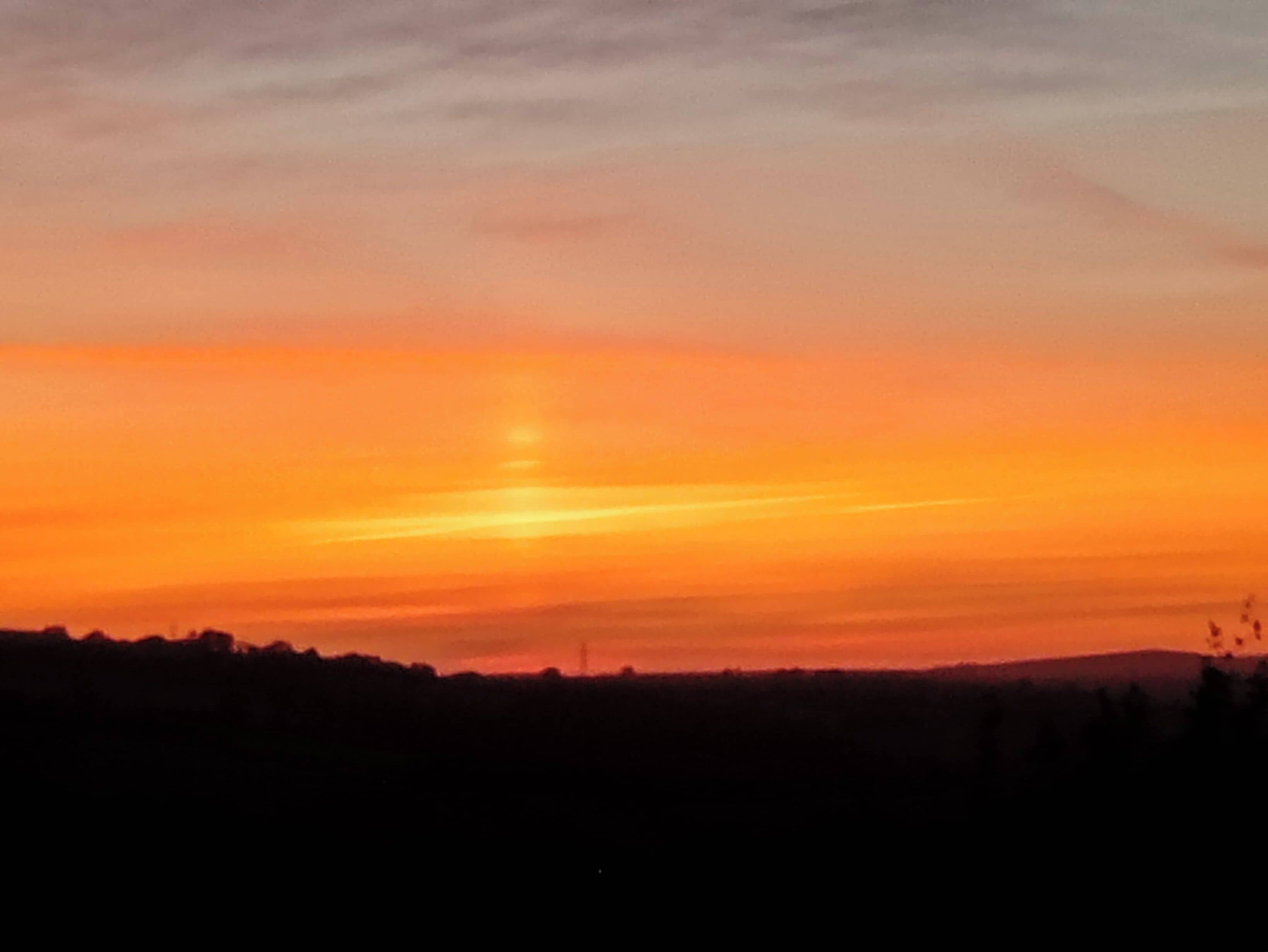 Solnedgang over et fladt landskab med silhuetter af træer og en bygning i det fjerne.