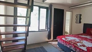 A bedroom with a bunk bed, a window with curtains, a door, and a small rug.