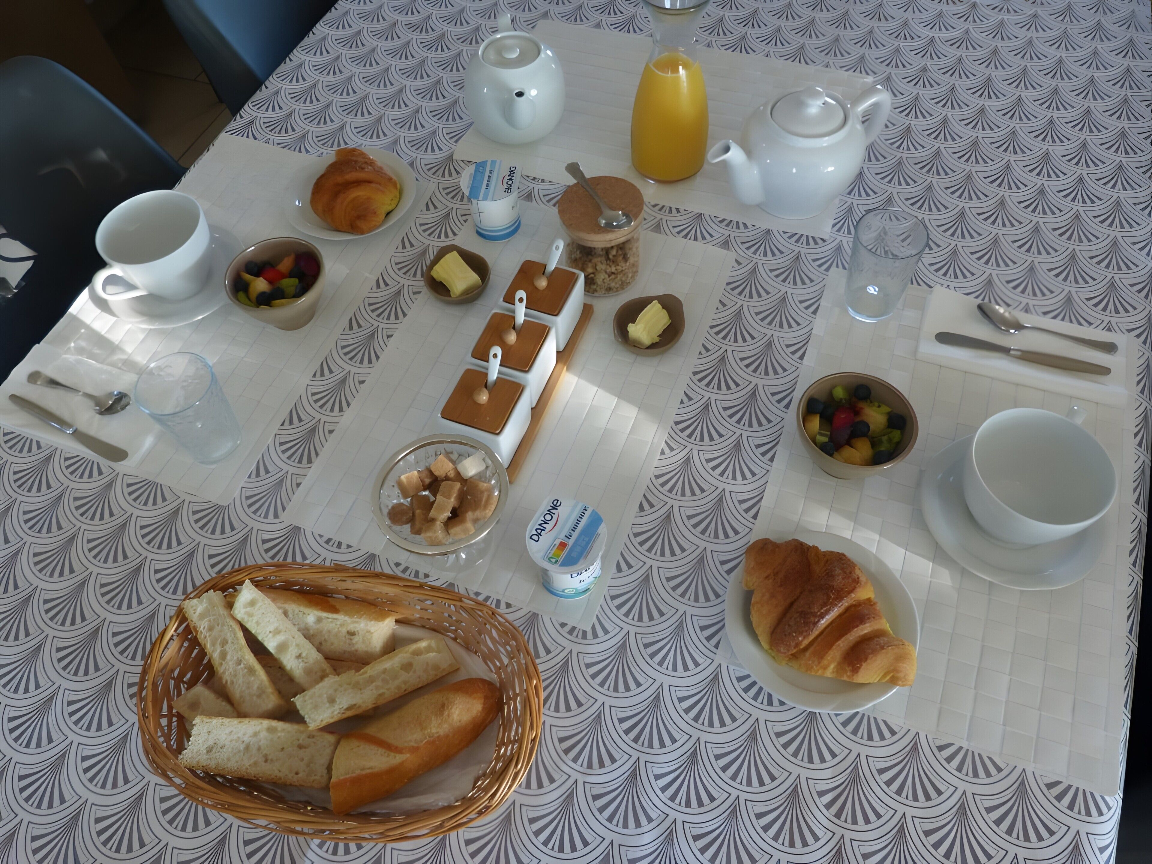 Et morgenbord med forskellige spiser, en brødkurv og en tepotte.