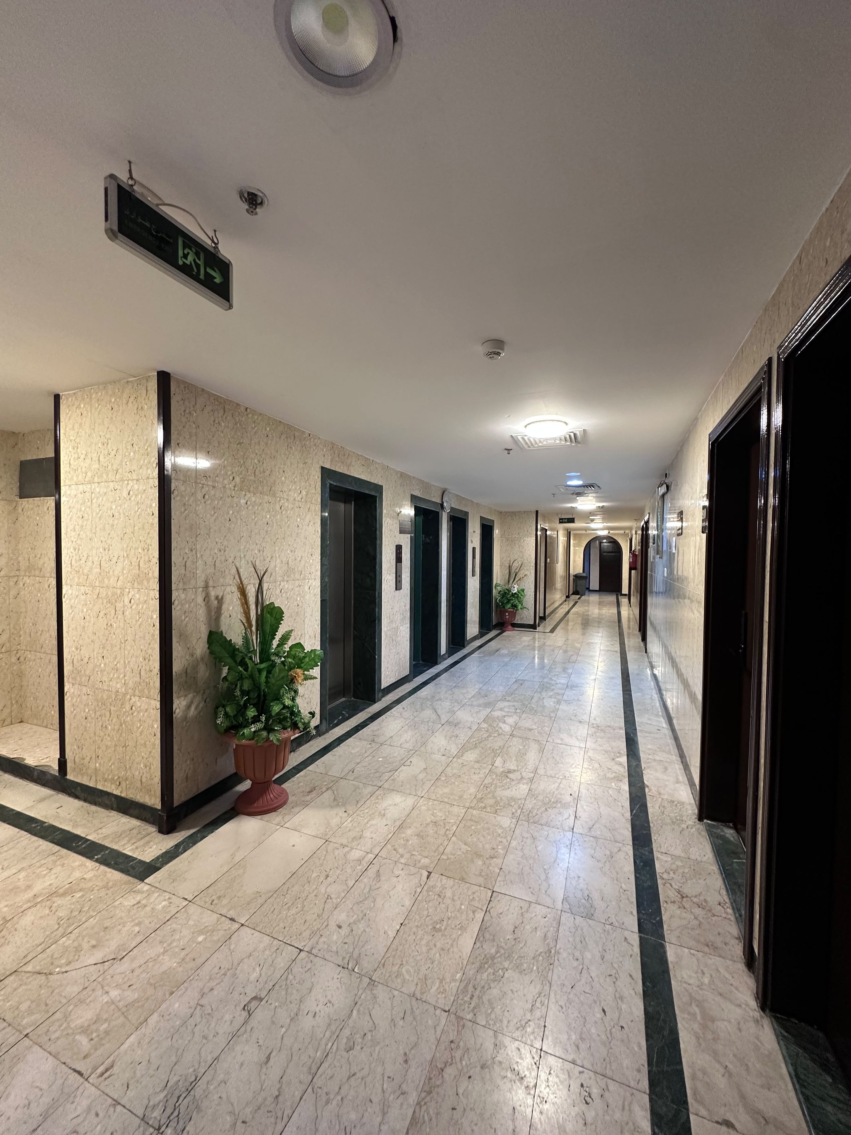 A long, well-lit hallway with marble flooring, potted plants, and doors leading to rooms or offices.