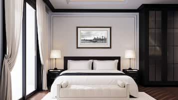 Una habitación de hotel moderna con una cama grande, dos mesitas de noche, una pequeña consola y un banco, además de un cuadro en la pared.