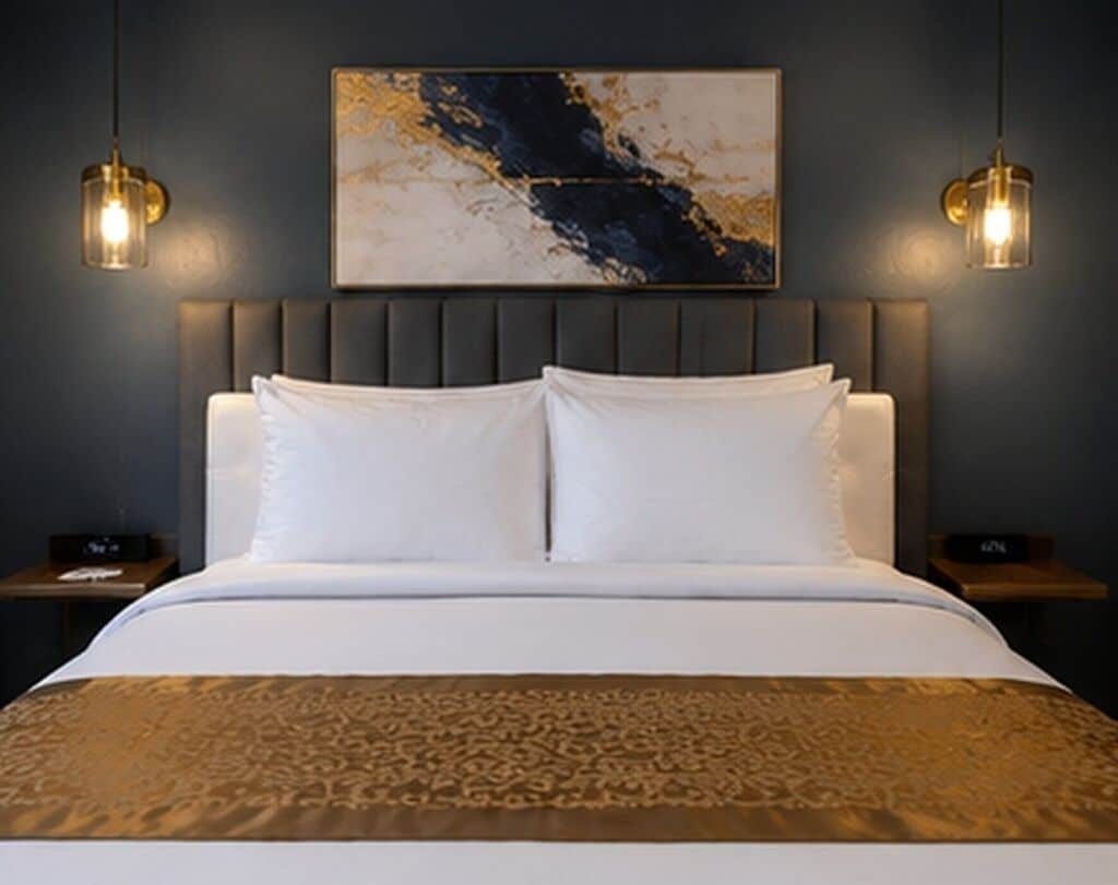 A hotel room with a bed, a headboard, two bedside tables, and a wall-mounted artwork.
