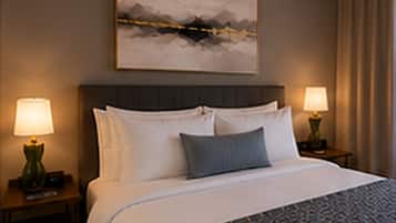 Quarto de hotel com uma cama, duas luminárias de cabeceira, uma mesinha de cabeceira, um quadro pendurado na parede e uma cortina.