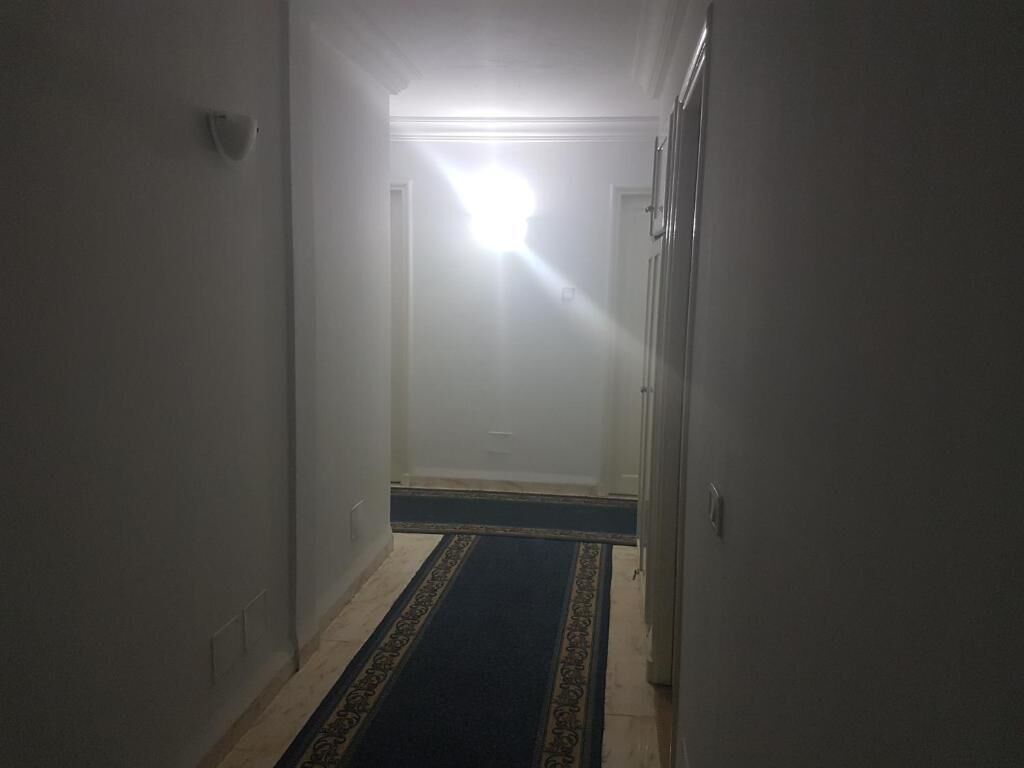 Un pasillo estrecho con alfombra estampada, paredes blancas y una puerta al final.