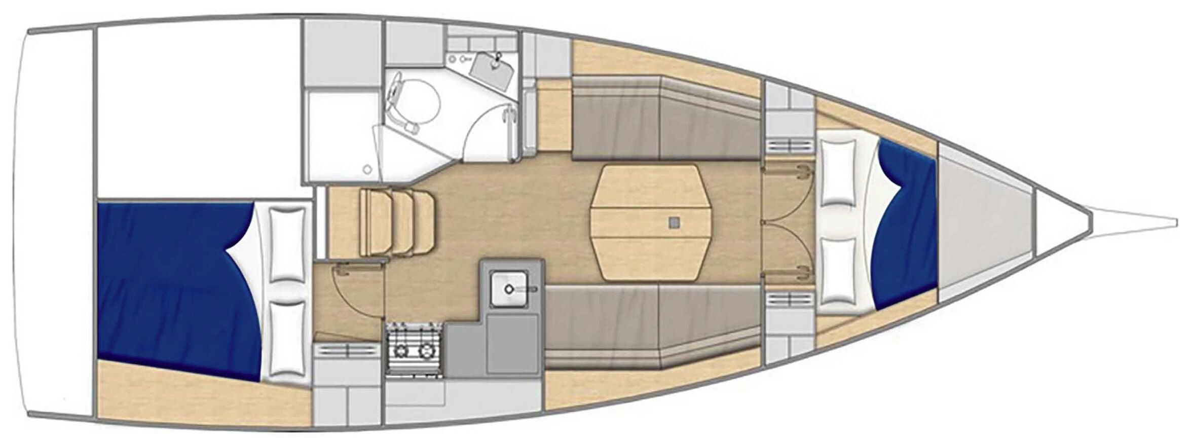 L'intérieur d'un bateau comprend un coin repas, une cuisine et une petite salle de bain.