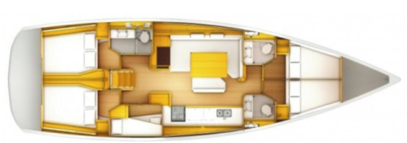 A boat interior with a kitchen, dining area, and multiple sleeping quarters.