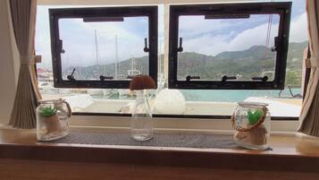 Una ventana con dos vistas a un puerto deportivo, una planta pequeña y un adorno.