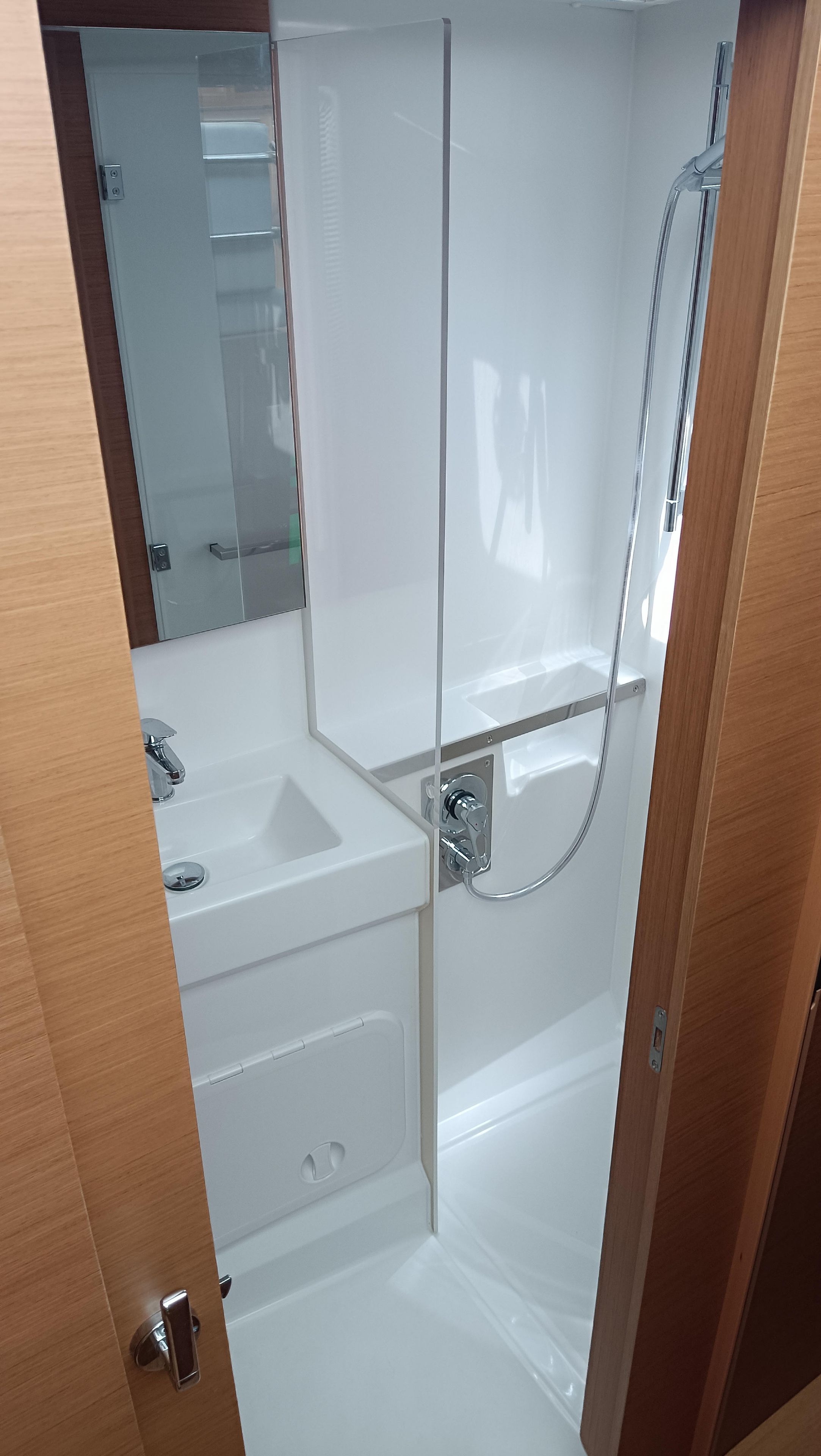 Une salle de bain avec une douche à parois de verre, un lavabo blanc et un miroir.