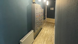 Un couloir avec un radiateur, un porte-clés fixé au mur et des lampes suspendues.