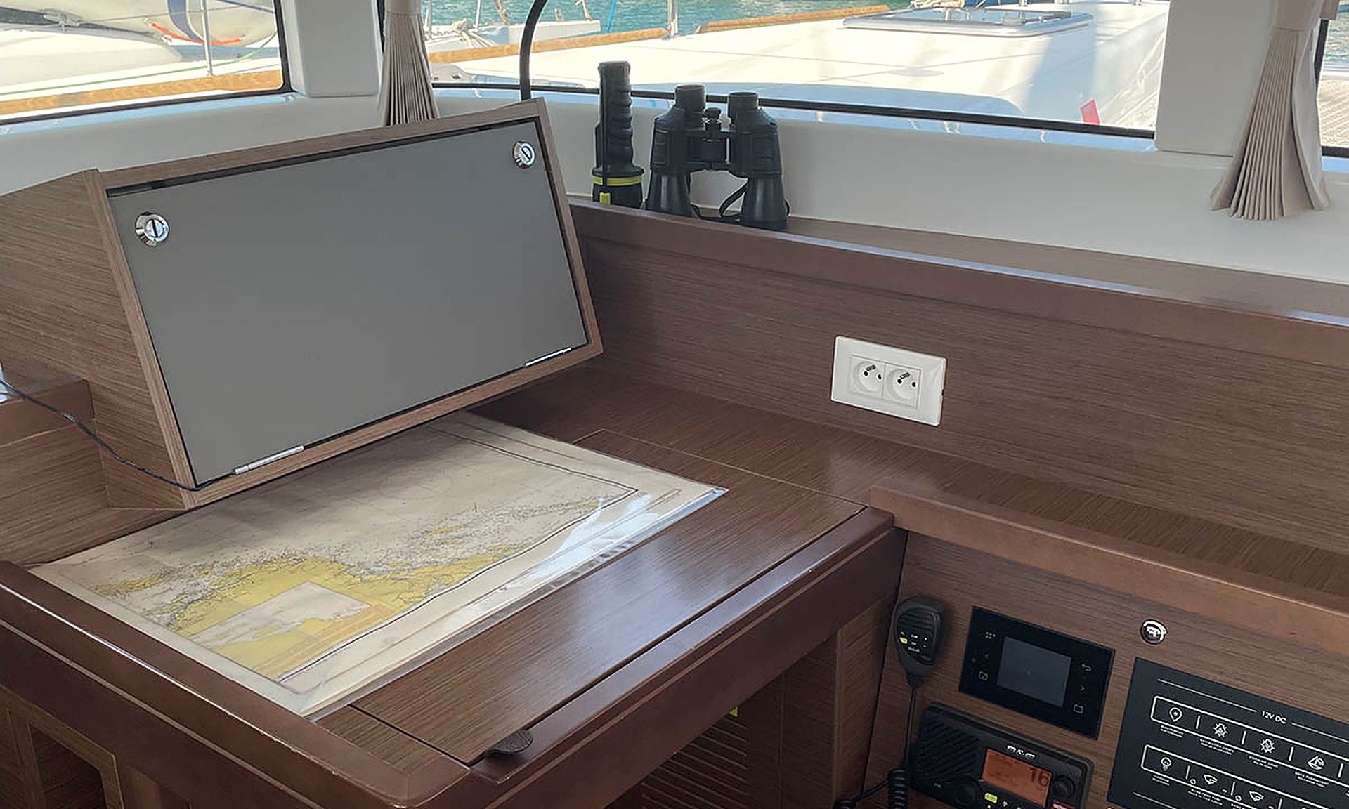 A control panel with a map, a pair of binoculars, and a digital display.