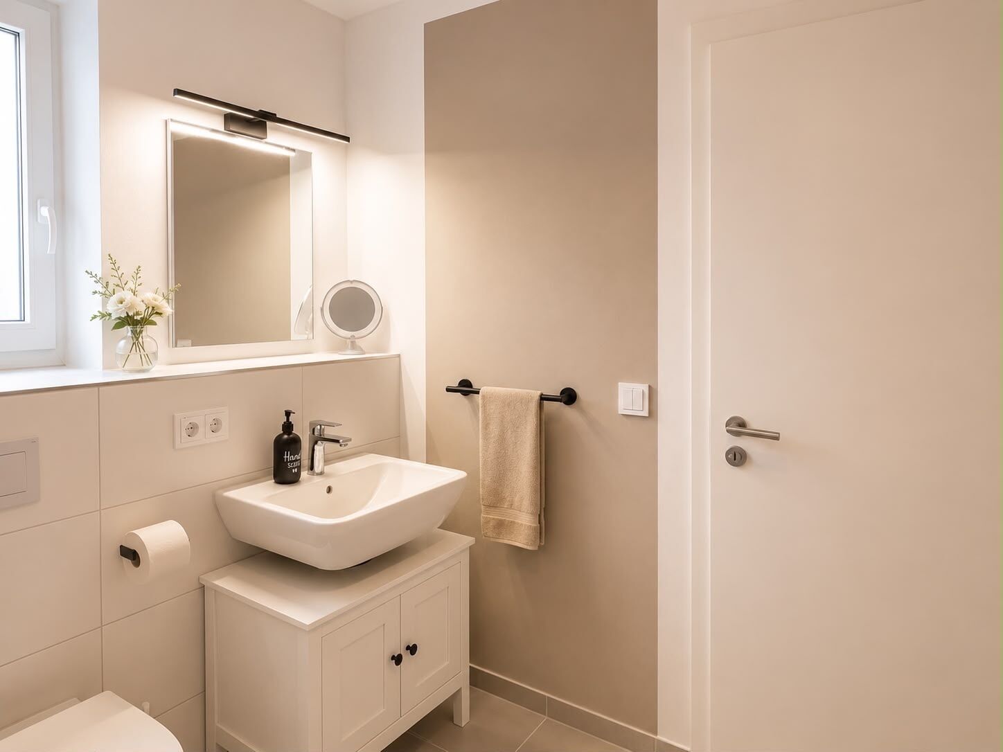 A modern bathroom with a white sink, mirror, and towel rack.
