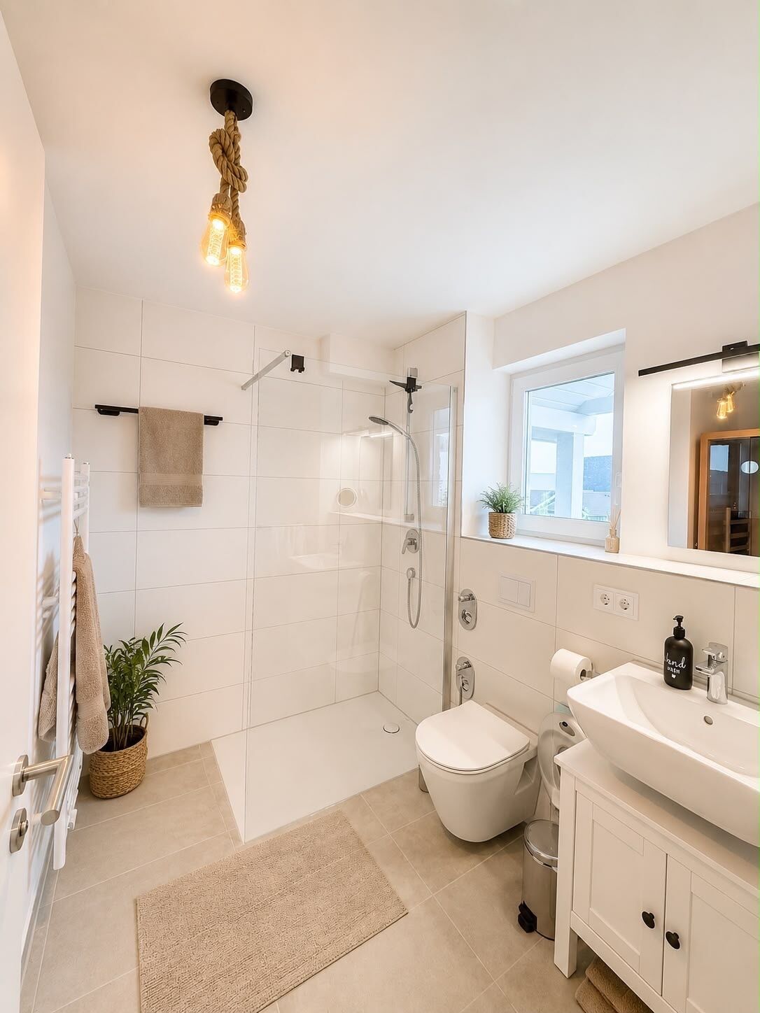 A modern bathroom with a glass shower enclosure, a white toilet, a sink with a mirror, and a potted plant.