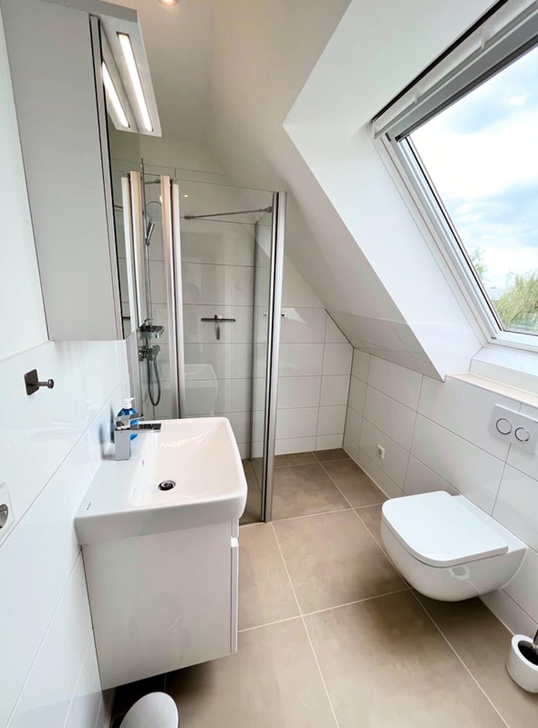 A modern bathroom with a skylight, a shower, a toilet, and a sink.