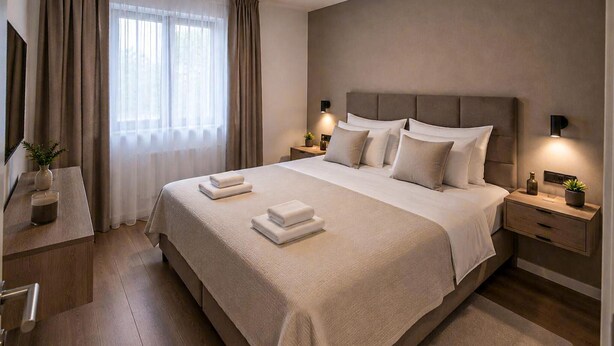 Una habitación de hotel moderna con una cama grande, mesitas de noche, un espejo y una ventana con cortinas.